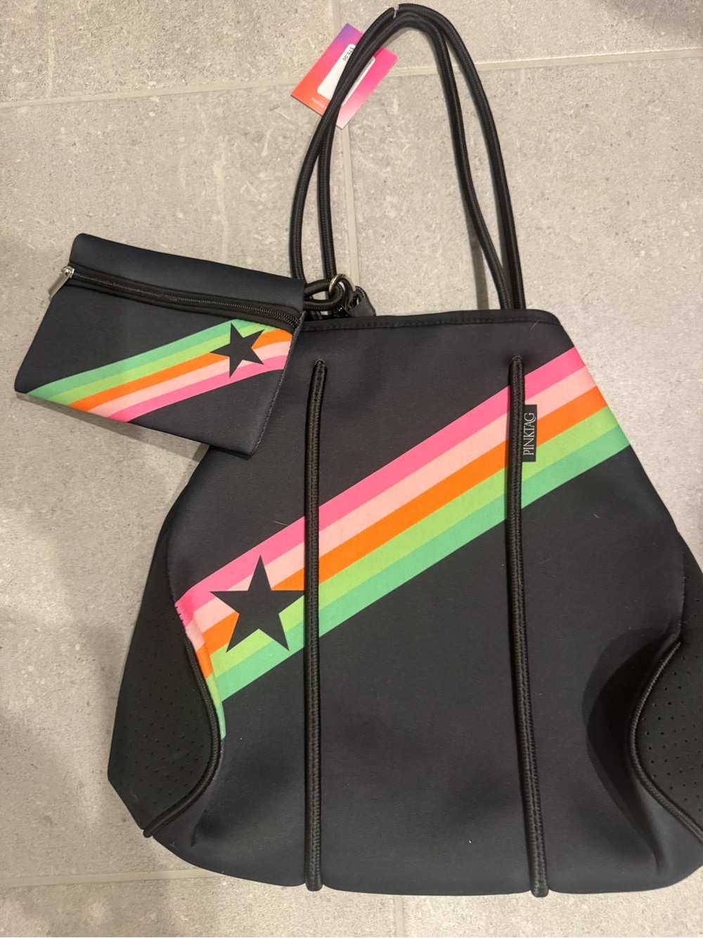 Fringe Studio Black Neoprene Tote with Pink, Orange & Green Stripes